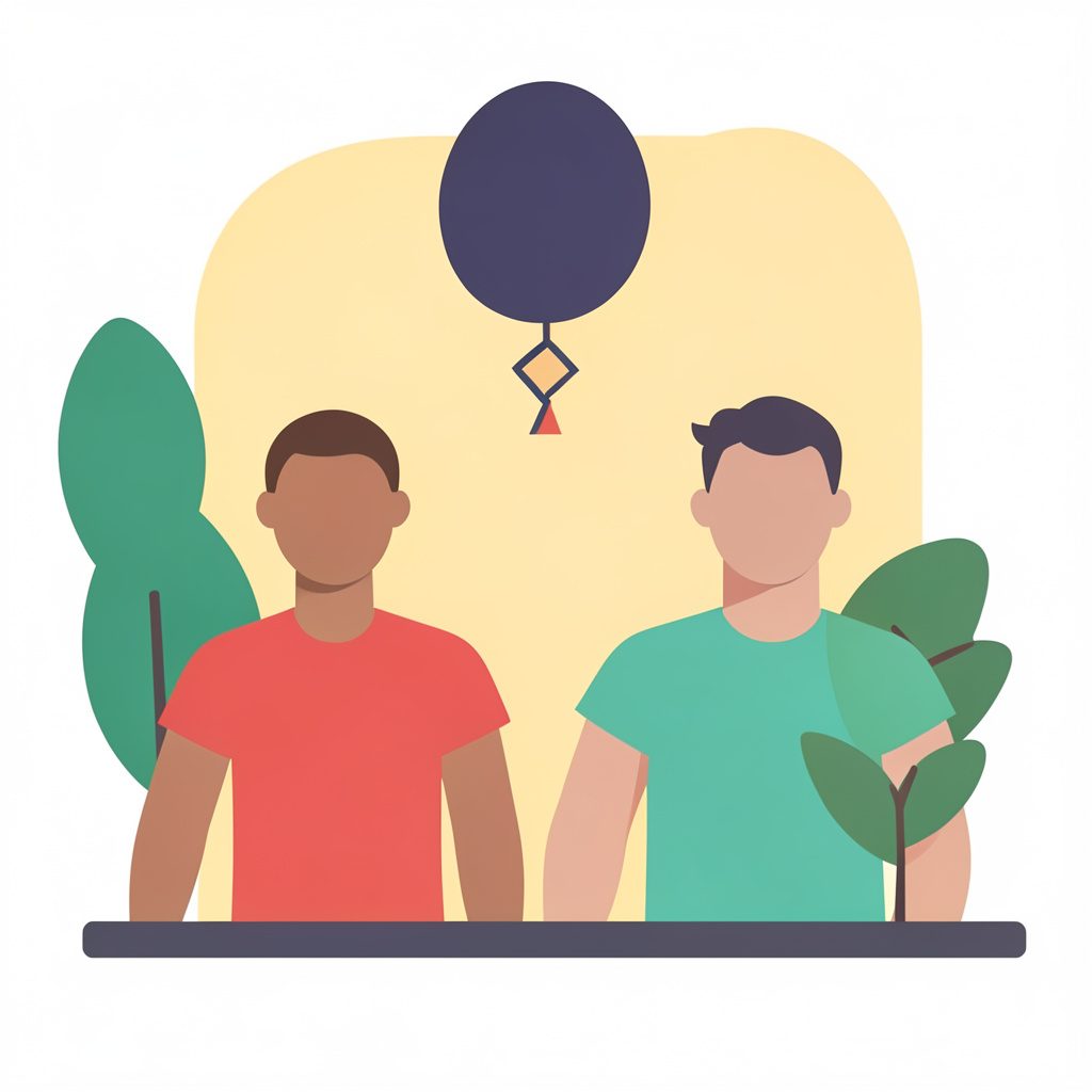 Flat vector illustration in teal, navy, and soft cream tones showing a diverse circle of abstract figures connected by flowing lines