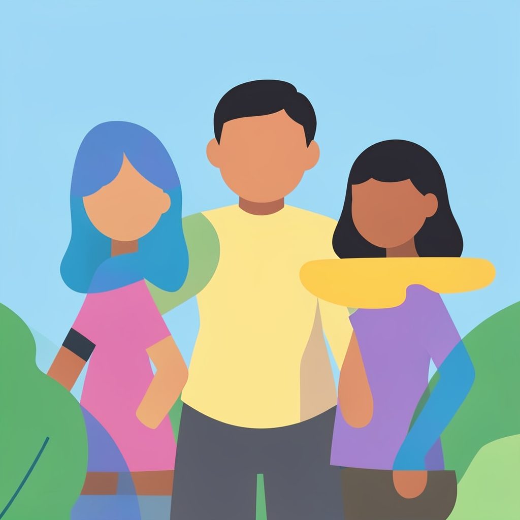 Flat vector illustration of layered figures in deep blue and teal on a pale background