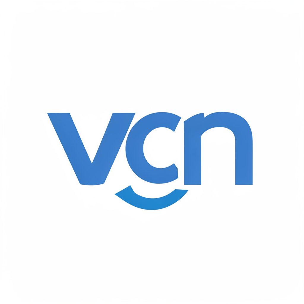 A flat vector logo with a deep blue square mark beside a stacked wordmark in dark navy, balanced and corporate in mood.